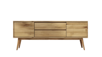Modern wooden cabinet for decorative items on transparent background.