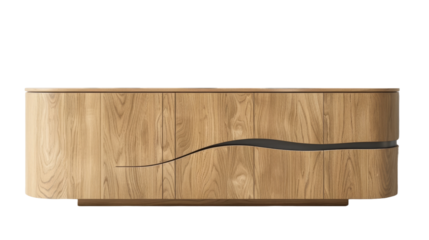 Modern wooden cabinet for decorative items on transparent background.