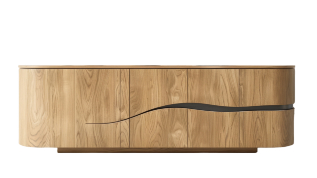 Modern wooden cabinet for decorative items on transparent background.