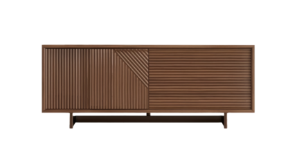 Modern wooden cabinet for decorative items on transparent background.