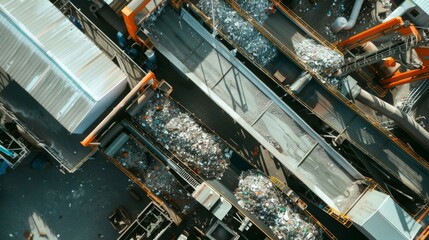 An overhead shot of an industrial recycling facility with sorting machines and conveyor belts separating recyclable materials