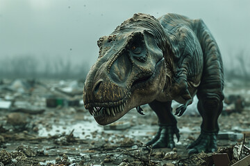 Tyrannosaurus rex dinosaur standing alone among the dystopia city's ruins