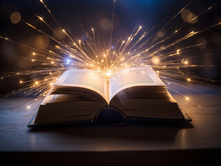 An open book surrounded by magical lights, captivating and mesmerizing. - obrazy, fototapety, plakaty