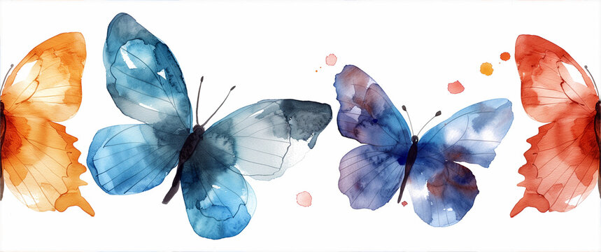 A vibrant abstract watercolor background with colorful butterflies in flight