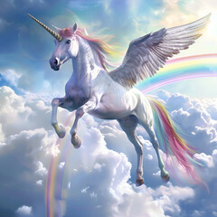 Artistic Style Painting Drawing of Unicorn with Wings Flying Over a Rainbow Perfect for Print on Demand