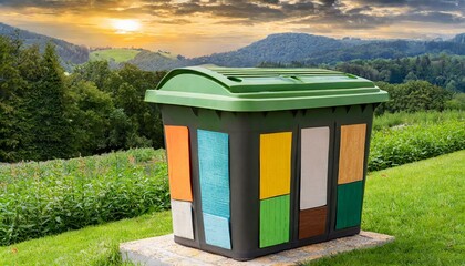 an eco-friendly Eko dust bin made from recycled materials, promoting sustainability and environmental responsibility. The composition should feature a durable yet lightweight construction, with a colo - obrazy, fototapety, plakaty