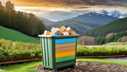 landscape in the mountains.an eco-friendly Eko dust bin made from recycled materials, promoting sustainability and environmental responsibility. The composition should feature a durable yet lightweigh