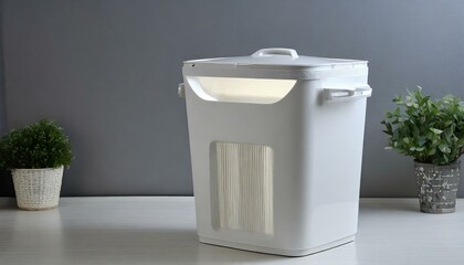 a space-saving Eko dust bin with a slim profile and stackable design, perfect for small apartments or tight spaces. The composition should include a lid with a built-in odor control system and a handl