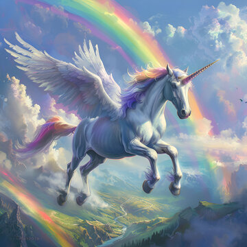 Artistic Style Painting Drawing of Unicorn with Wings Flying Over a Rainbow Perfect for Print on Demand