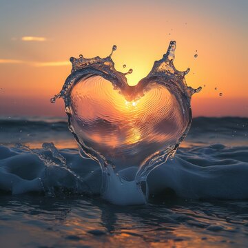  An unusual wave splash that formed a heart shape against the background of the sunset
