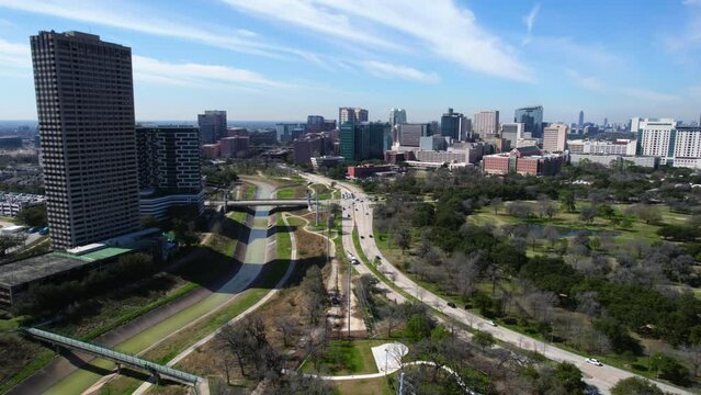 Aerial View of Hermann Park and Medical Center Area Buildings in Houston, Texas USA, Drone Shot