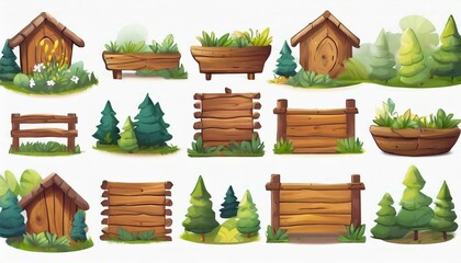 Fototapeta premium Several forest boards, flat icons set. Cartoon set of wooden boards and signposts with trees in the forest, isolated on white background.