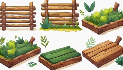 Several forest boards, flat icons set. Cartoon set of wooden boards and signposts with trees in the forest, isolated on white background.