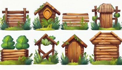Fototapeta premium Several forest boards, flat icons set. Cartoon set of wooden boards and signposts with trees in the forest, isolated on white background.