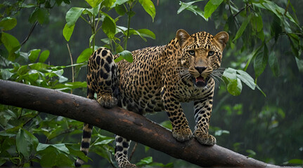 Male leopard or panther on a tree in the monsoon green.generative.ai
