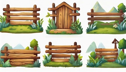 Fototapeta premium Several forest boards, flat icons set. Cartoon set of wooden boards and signposts with trees in the forest, isolated on white background.