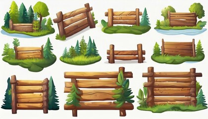 Several forest boards, flat icons set. Cartoon set of wooden boards and signposts with trees in the forest, isolated on white background.