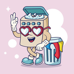 Washing Machine Mascot Illustration and Laundry Basket