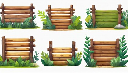 Fototapeta premium Several forest boards, flat icons set. Cartoon set of wooden boards and signposts with trees in the forest, isolated on white background.
