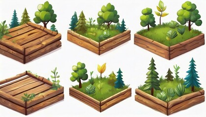 Several forest boards, flat icons set. Cartoon set of wooden boards and signposts with trees in the forest, isolated on white background.