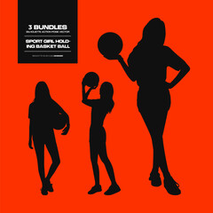 Sport Girl Holding Basket Ball Silhouette Action Pose Vector