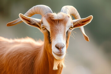 Portrait of brown goat. Farm animal
