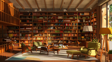 Obraz premium a mid-century modern library, a retro armchair, and warm lighting.