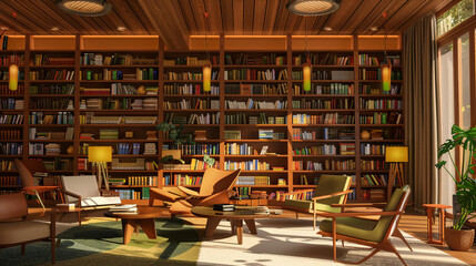 a mid-century modern library,  a retro armchair, and warm lighting.