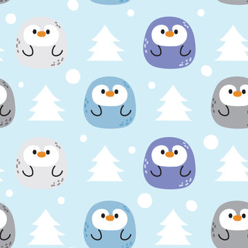 Seamless pattern of cute penguin with christmas tree and snow on patel background.Winter.Bird animal character cartoon design.Clothing print screen.Baby graphic.Kawaii.Vector.Illustration.