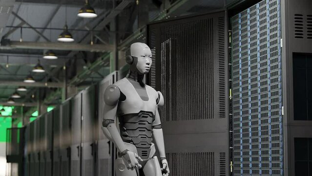 cyborg humanoid in to server internet hi tech room giving birth concept artificial intelligence taking over in 3d rendering animation cybersecurity war green light 