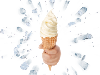 Soft ice cream in hand on background of broken ice PNG transparent