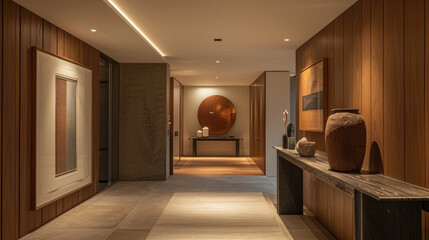 Modern minimalist hallway with recessed lighting and artful decor pieces - Powered by Adobe