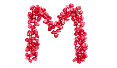 M English Alphabet Capital Letter Written with Pomegranate Seeds Isolated on White Background