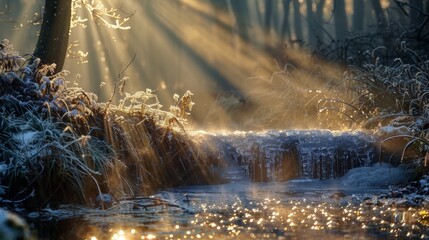 Fototapeta premium Frosty Sunrise Over a Serene Stream, Glinting with Winter's First Light
