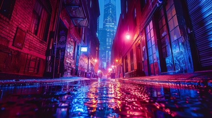 Desolate Alley in Electric Hues, Reflecting a Fusion of Darkness and Neon Vibrancy

