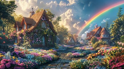 Storybook Houses with Lush Gardens, Basking in Rainbow Light, Inspiring Fantasy - obrazy, fototapety, plakaty