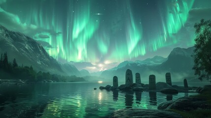 Mystical Aurora over Ancient Runestones, Narrating Saga of Norse Legends