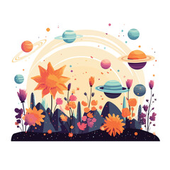 A celestial garden in space with planets as flowers