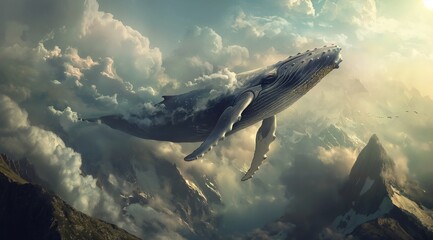 Whale-shaped cloud formation in a mountainous sky. A majestic digital art piece depicting a whale-shaped cloud floating above rugged mountains, creating a surreal atmosphere - obrazy, fototapety, plakaty