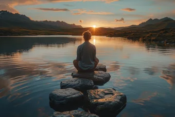 Foto op Aluminium Practicing mindfulness amid serene landscapes brings calmness and stress relief at dawn © Fokasu Art