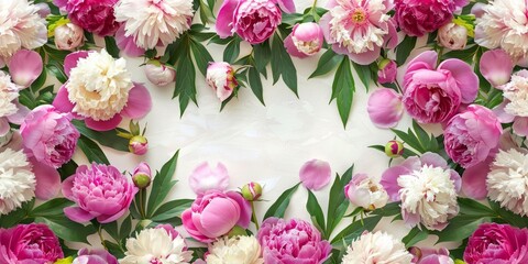 Flat lay of spring flowers arrangement. Empty frame for text, pink and white flowers on a light white background.