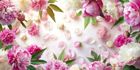 Flat lay of spring flowers arrangement. Empty frame for text, pink and white flowers on a light white background.
