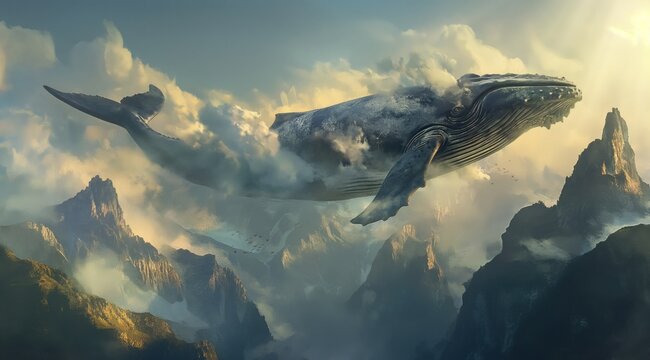 Surreal image of a whale floating in the sky. A majestic whale appears to swim through the clouds amidst mountain peaks in this surreal and imaginative artwork