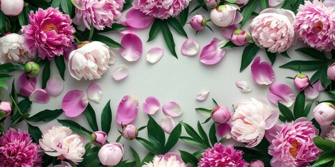 Top veiw of spring flowers arrangement. Empty frame for text, pink peonies flowers, jasmine leaves on a white background.
