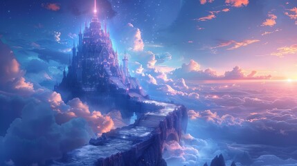 Celestial Castle Above Clouds at Dusk, Dreaming of Fantasy Worlds and Magical Journeys