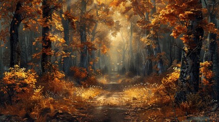 Autumnal Forest Path Bathed in Golden Light, Stirring Feelings of Warmth and Reverie