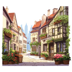 Fototapeta na wymiar A charming European village scene with cobblestone