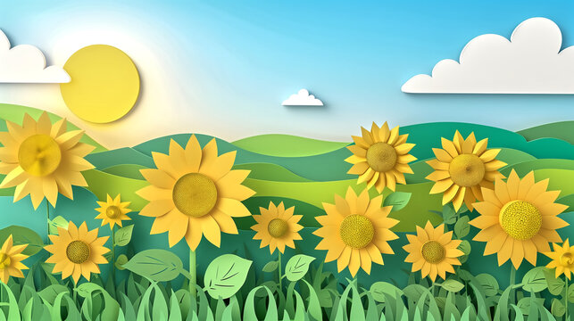 Papercraft art stock image of Sunrise over a field of sunflowers