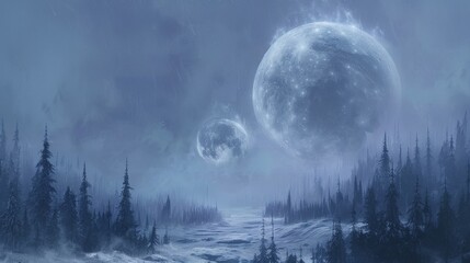 Fototapeta na wymiar Twin Moons Illuminate the Snowy Wilderness, Creating a Silent, Ethereal Nightscape