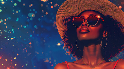 A stylish woman exudes mystery and sophistication as she dons a pair of sunglasses and a chic hat, adding an air of intrigue to her overall look, Juneteenth Independence Day.